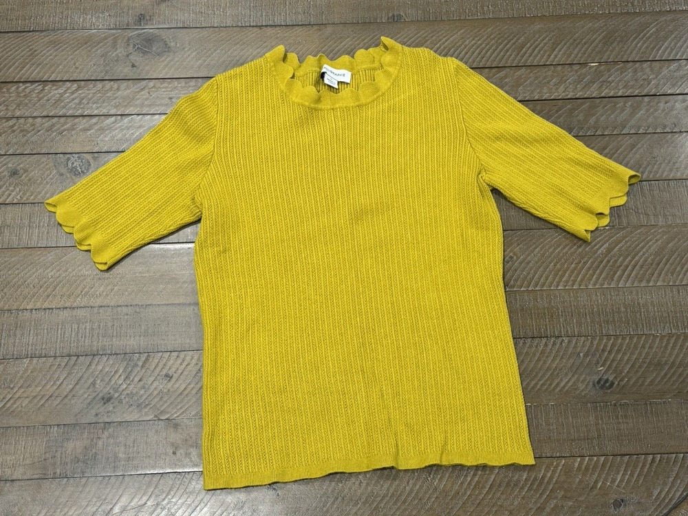 Calligraphie Mustard Yellow Scalloped Neck Sweater Short Sleeves Women's Size L
